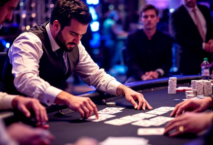 m77 slot French Roulette live studio with wheel, dealer, and betting table